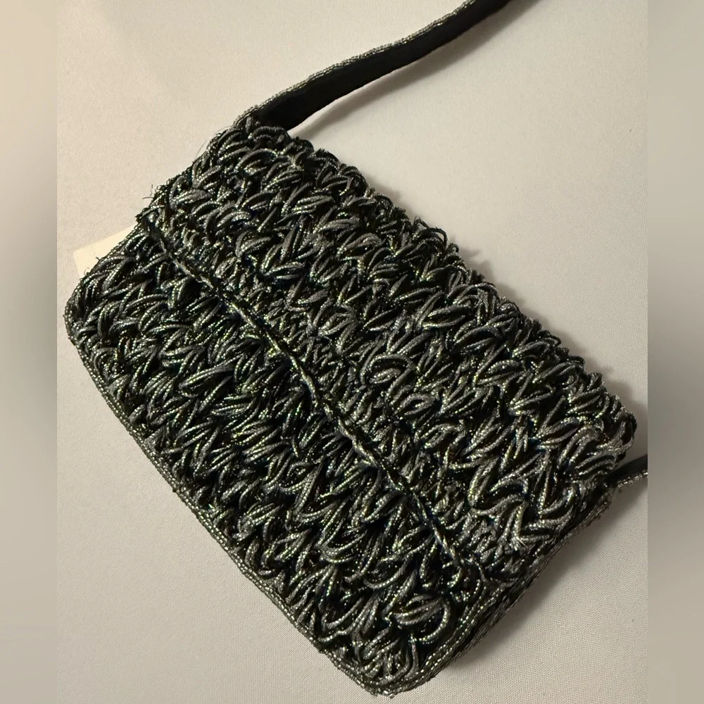 Anthropologie Maeve Fiona Crochet Beaded Bag Black & Silver - Picture 7 of 12